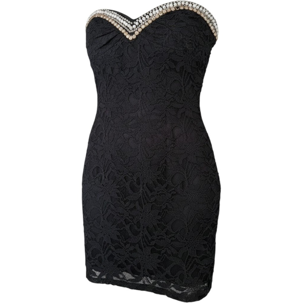 Jump Apparel Black Lace Strapless Beaded Mini Dress y2k Wendye Chaitin 1/2